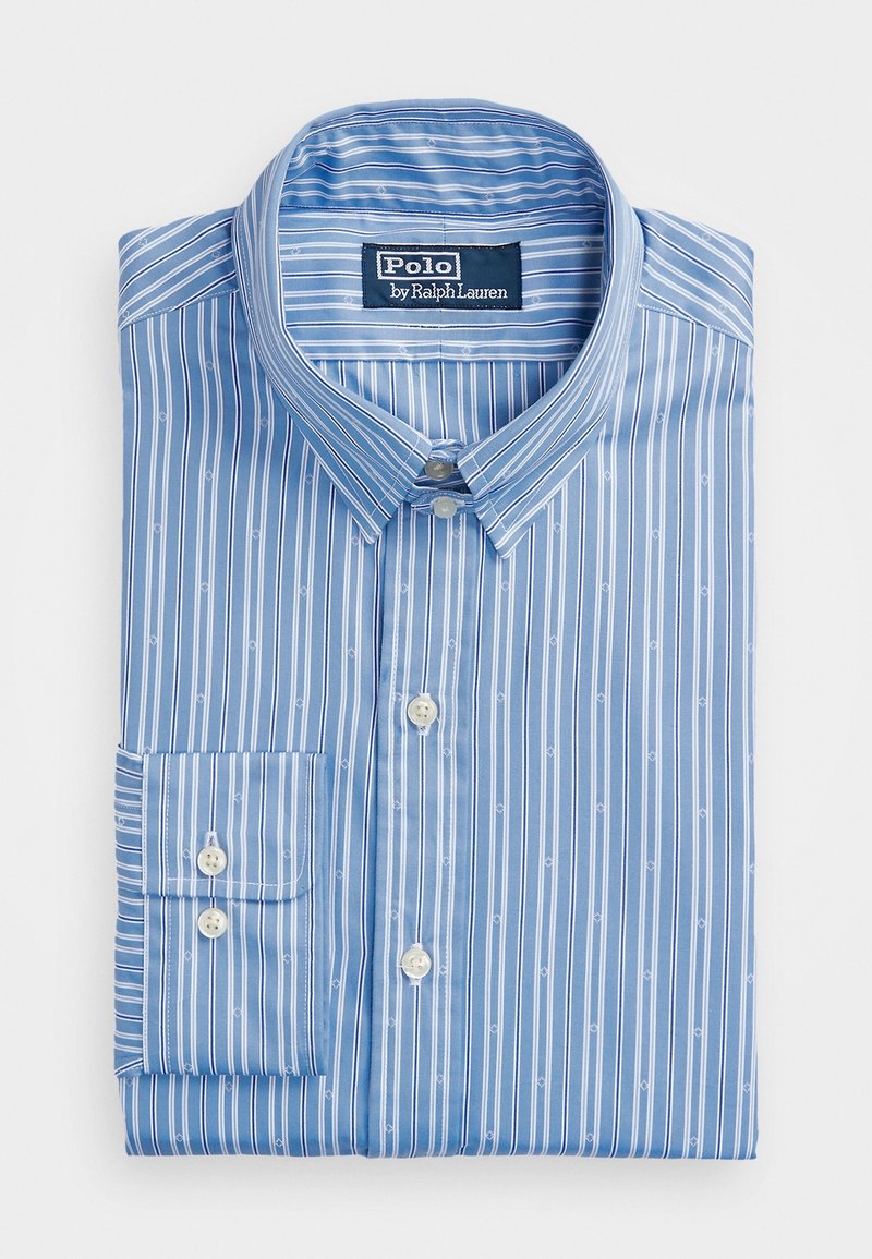 Light blue button-up shirt with white vertical stripes and small fish patterns. Features a classic collar and a single breast pocket.