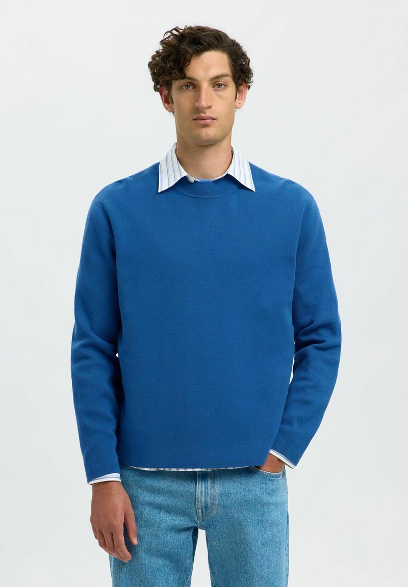 Jeune homme aux cheveux bouclés portant un pull bleu col rond sur une chemise à col rayée blanche et un jean bleu clair, se tenant devant un fond blanc.