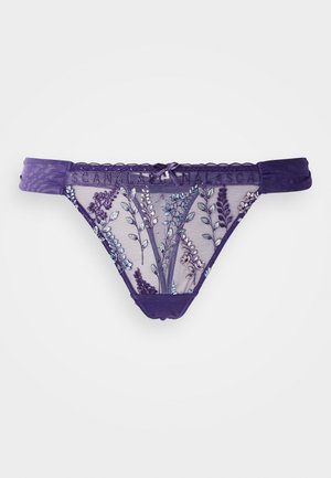 Purple thong featuring sheer fabric with intricate floral embroidery in varying shades, scalloped edges, and a small bow detail at the front.