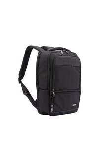 Zwarte rugzak van duurzaam stof met meerdere met rits gesloten compartimenten, gevoerde schouderbanden en een slank, rechthoekig ontwerp.