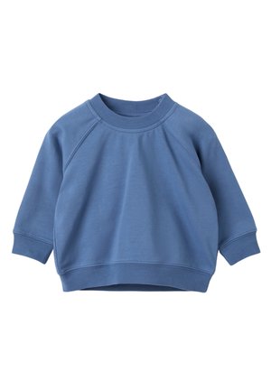 Sininen huppari, joka on valmistettu pehmeästä kankaasta, jossa on pyöreä kaula-aukko, raglan-hihat ja joustavat hihansuut ja helma. Sujuva pinta, hieman lyhyt muotoilu.