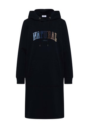 Robe à capuche noire avec "NATURAL" brodé dans des couleurs variées. Elle possède une capuche avec cordon de serrage et une poche avant, fabriquée en tissu doux.