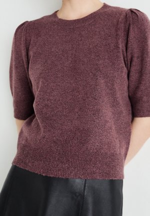 Short-sleeve pullover sweater in mauve yarn with subtle texture, rounded neckline, and puffed shoulder detail. Ribbed hem and cuffs.