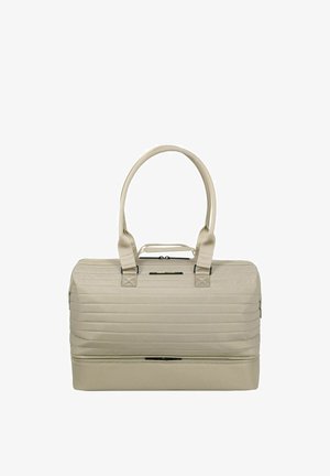 Beige gewatteerde reistas met twee handvatten, een rits aan de bovenkant en een aparte bodemcompartiment met ritssluiting.