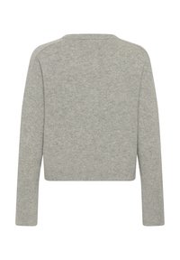 Grauer, kurzer Pullover mit langen Ärmeln, weicher Textur und schlichtem Design. Verfügt über einen weiten Rundhalsausschnitt und einen gerippten Saum.
