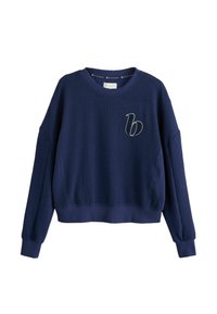 Marineblauw wafelstructuur sweatshirt met een cropped ontwerp, brede mouwen, geribbelde manchetten en een geborduurd gouden logo op de linkerkant van de borst.
