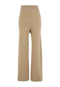 Pletené kalhoty s širokými nohavicemi v béžové barvě s žebrovanou texturou. Vysoký pas, bezšvovým páskem a měkkou tkaninou.