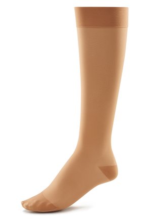 Kompressionskniestrümpfe in sanftem Beige, mit glatter Textur, verstärkter Fußspitze und einem engen Elastikband oben.
