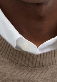Brauner gestrickter Pullover mit einem gerippten Halsausschnitt über einem weißen Hemd mit Kragen, das einen sichtbaren Knopf am Kragen hat.