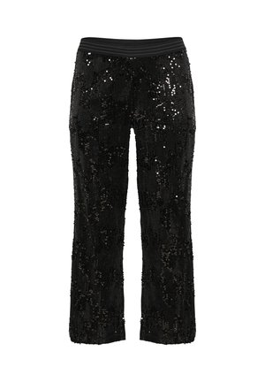Melnas spīdīgas bikses ar faktūru un platu kāju dizainu, ar kontrastējošu melnu elastīgu jostu.