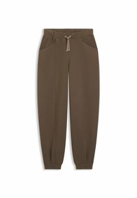 Bruine joggingbroek van zacht stof, met een elastische tailleband en een trekkoord, zijzakken en taps toelopende boorden.