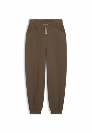 Bruine joggingbroek van zacht stof, met een elastische tailleband en een trekkoord, zijzakken en taps toelopende boorden.