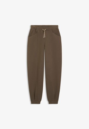 Braune Jogger-Hosen aus weichem Stoff, mit einem elastischen Bund und Kordelzug, seitlichen Taschen und schmal zulaufenden Bündchen.