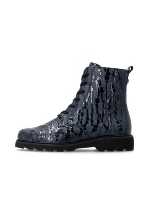 Glossy black ankle boot with crocodile texture, black laces, thick sole, and pull tab at the back.