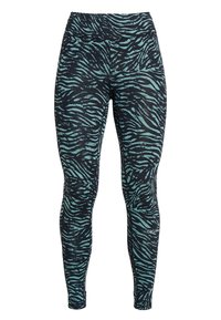 Zebra-mönstrade leggings i svart och turkos, tillverkade av elastisk tyg med hög midja och platta sömmar för komfort och rörlighet.