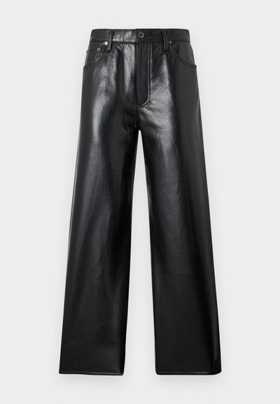 Black high-waist wide-leg faux leather pants with front button, zipper closure, and front and back pockets against light gray background.