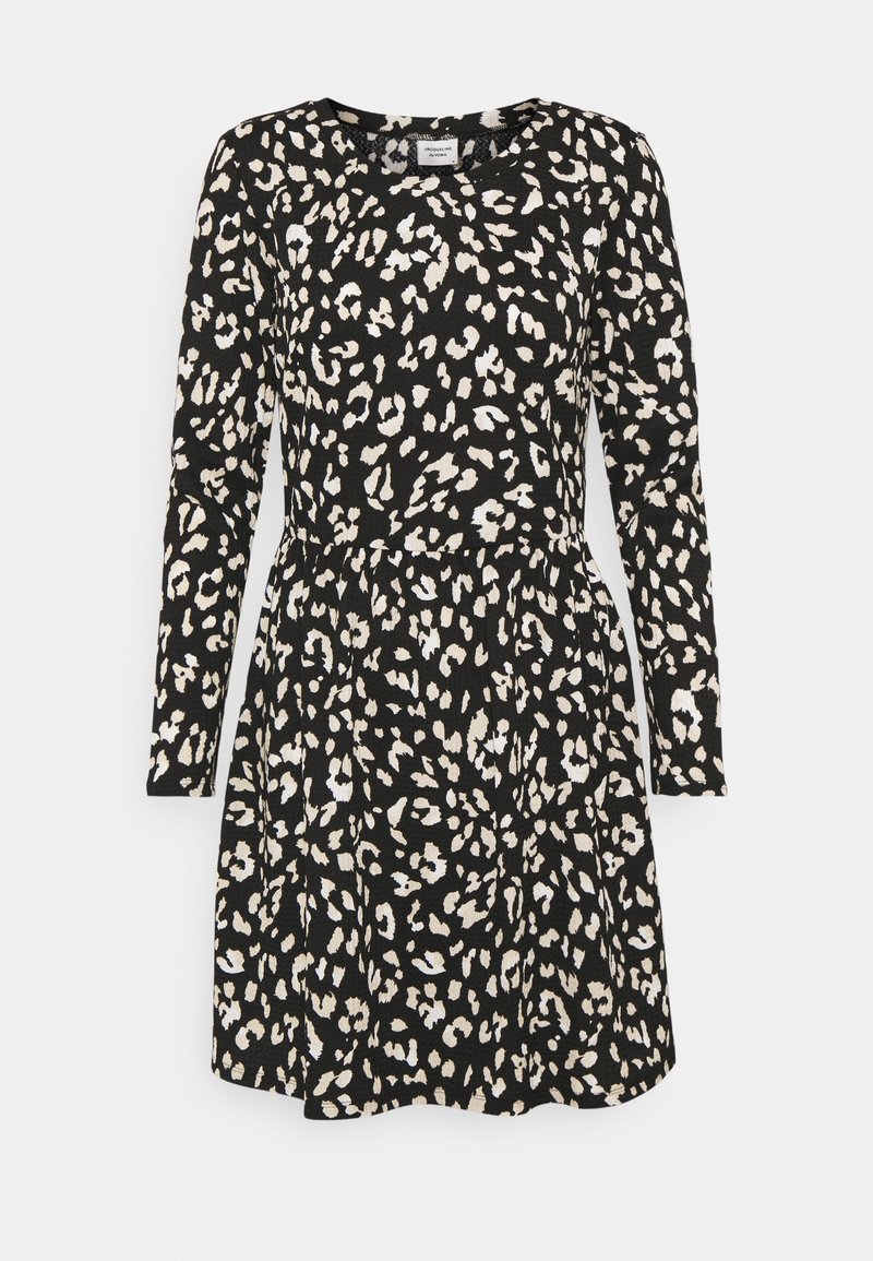 Black dress with long sleeves, featuring a leopard print pattern in cream and beige, cinched waist, and a flared skirt.