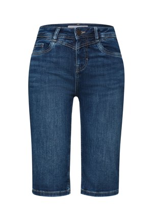 Short en denim bleu foncé avec bouton à l’avant, fermeture éclair, passants de ceinture et style cinq poches.