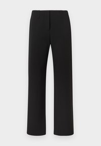 Pantalon noir à coupe droite, avec une texture lisse, une fermeture avant dissimulée et deux poches avant.