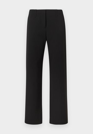 Pantalon noir à coupe droite, avec une texture lisse, une fermeture avant dissimulée et deux poches avant.