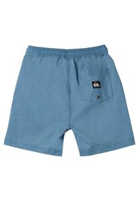 Pantaloni da bagno blu realizzati in tessuto leggero con cintura elastica, tasca posteriore e una piccola etichetta logo sulla tasca.