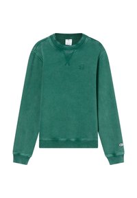 Sudadera verde de algodón, con cuello redondo, mangas largas, puños y dobladillo acanalados, y un pequeño logo en el pecho.