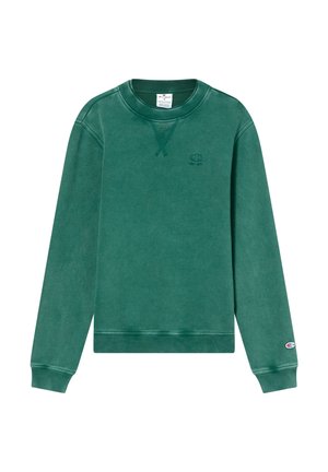 Felpa verde in cotone, con scollatura a girocollo, maniche lunghe, polsini e orlo a coste, e un piccolo logo sul petto.