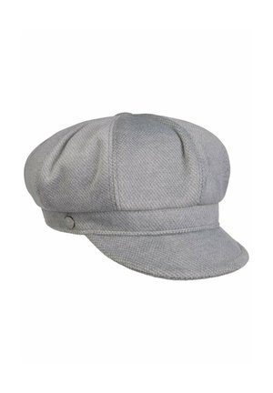 Gray woolen newsboy cap with a short brim and decorative band around the base, featuring a small round metal button on the side.