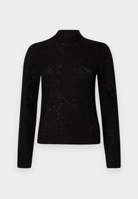 Μαύρο πουκάμισο με μακριά μανίκια και ψηλό γιακά, υφή υφάσματος και διακριτικά μοτίβα. Εφαρμοστή σχεδίαση με λεία επιφάνεια.