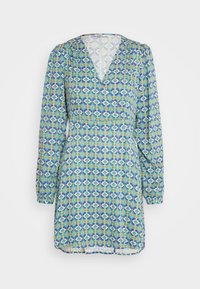 Sininen ja vihreä kuvioitu mekko pitkillä hihoilla, V-kaula-aukolla ja kukkakuviolla. Valmistettu kevyestä kankaasta, jossa on kireä vyötärö.