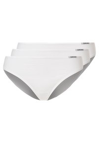 Drei Paar weiße Bikini-Höschen aus glattem Material, mit minimalistischem Design und einem kleinen Logo am Bund.