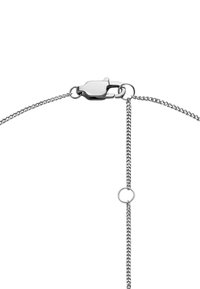 Zilveren ketting met een lobster clasp en een verstelbare extender ketting met kleine ronde ringen op een witte achtergrond.