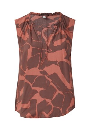 Sleeveless top in rust and brown with an abstract geometric pattern. Features gathered neckline and lightweight fabric.