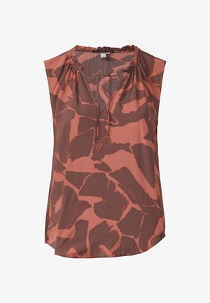 Bezrękawnik w kolorze rdzy i brązu z abstrakcyjnym geometrycznym wzorem. Posiada marszczony dekolt i lekką tkaninę.