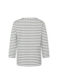 Lightweight, long-sleeve top in gray and white stripes. Features a round neckline and a relaxed fit with a smooth texture.