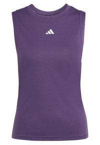 Fialové športové tielko bez rukávov vyrobené z pružného materiálu, s okrúhlym výstrihom a bielym logom Adidas na hrudi.