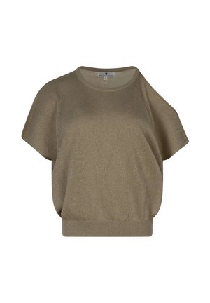 Haut en maille beige à manches courtes, coupe ample, col rond et bord-côte, présenté sur fond blanc.