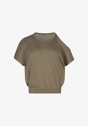 Beige striktop med korte ærmer og løs pasform, rund halsudskæring og ribkant, vist på en hvid baggrund.