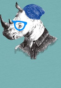 Stilisierte Illustration eines Nashorns, das eine blaue Brille und eine blaue Mütze trägt, vor einem helltürkisen Hintergrund, gekleidet in ein Hemd mit Kragen.