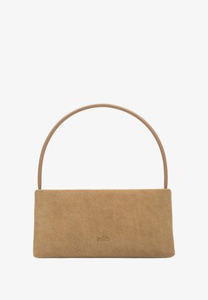 Lichte suède rechthoekige handtas met een dunne ronde hengsel. Voorzien van een subtiel geperst logo aan de voorkant en een gladde textuur. Minimalistisch ontwerp.