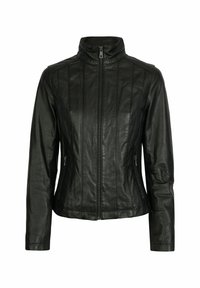 Black leather jacket with a high collar, zip front, and two side zippered pockets. Features vertical stitching for structure and design.