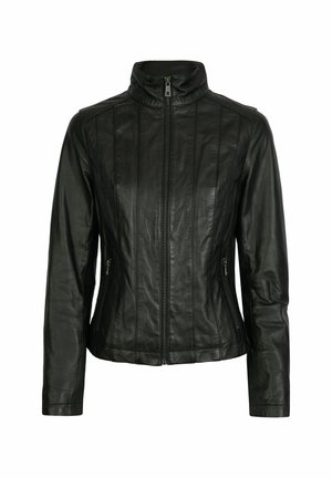 Juodas odinis švarkas su aukštu apykakle, užtrauktuku priekyje ir dviem šoninėmis kišenėmis su užtrauktukais. Yra vertikalios siūlės, suteikiančios struktūrą ir dizainą.