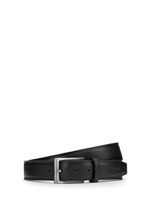 Black leather belt with a silver rectangular metal buckle, multiple adjustment holes, and subtle brand embossing on the end.