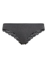 Grijze katoenen bikini ondergoed met kantafwerking langs de randen. Het kant heeft een bloemenpatroon en golvende details aan de zijkanten.
