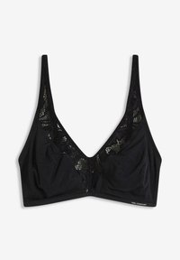 Bralette nera con dettagli in pizzo lungo il profondo scollo a V e spalline larghe, con coppe morbide e testo "Feel Comfort" sulla fasciatura.