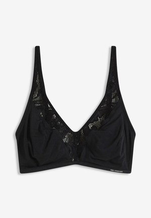 Bralette noire avec des détails en dentelle le long du décolleté en V profond et des bretelles larges, doté de bonnets souples et du texte "Feel Comfort" sur la bande.