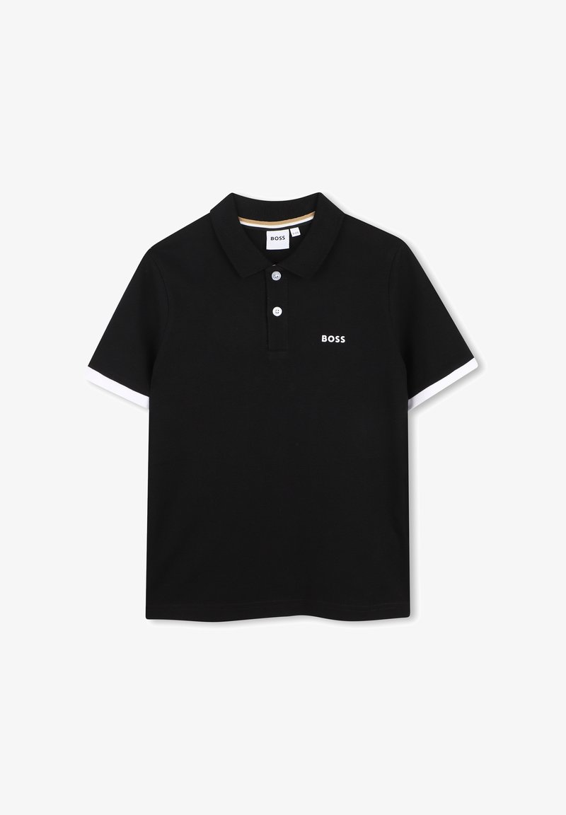 Polo noir à manches courtes avec bordure blanche sur les manches, deux boutons blancs et logo « BOSS » sur la poitrine gauche.