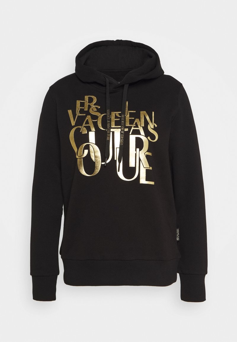 Black hoodie featuring bold gold lettering across the front, drawstring hood, and ribbed cuffs. Soft fabric with a casual design.