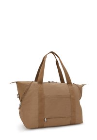 Brown fabric duffel bag featuring two sturdy handles, a zip closure, side pocket, and a structured design with stitched accents.