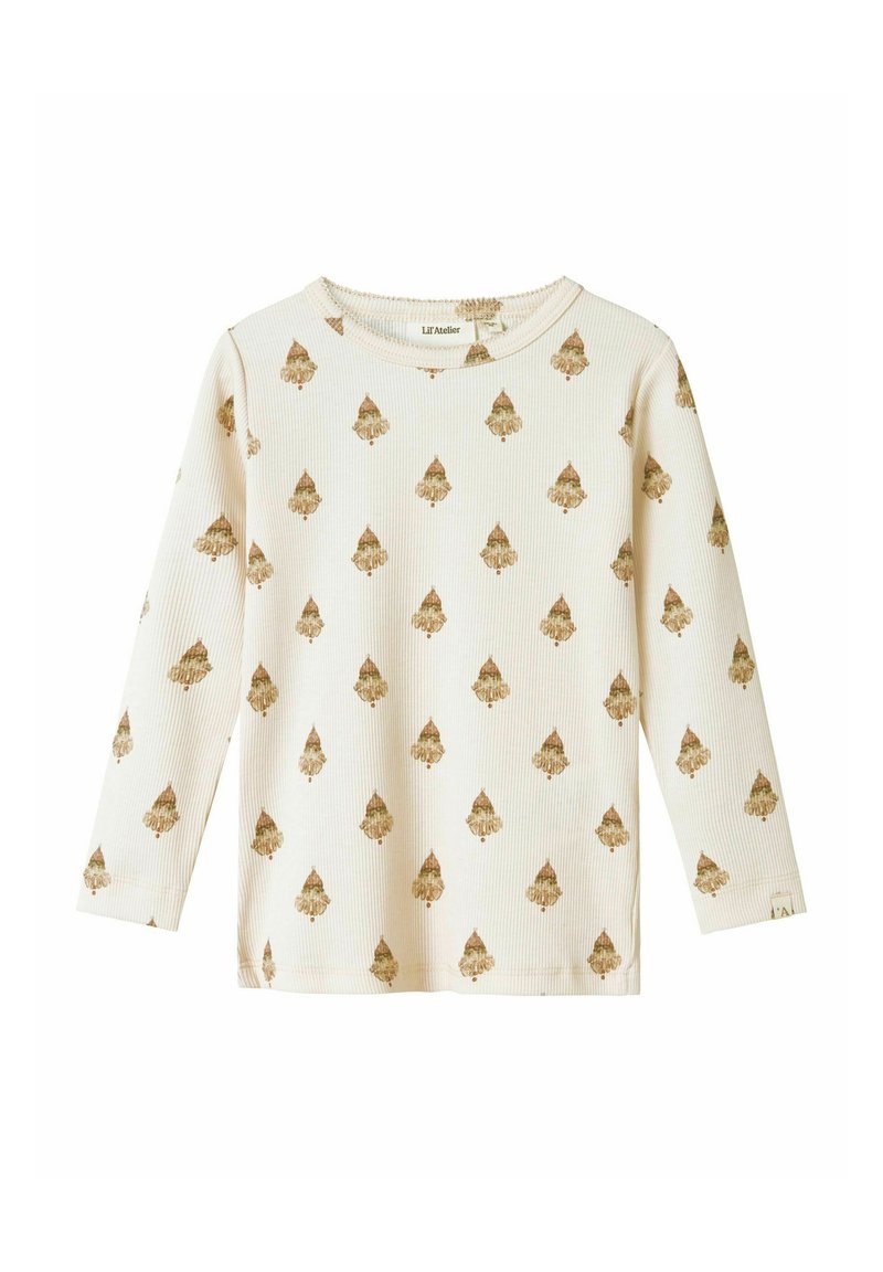 Långärmad skjorta i bomull i off-white med ribbat mönster, med ett upprepat brunt trädmotiv och rund halsringning.